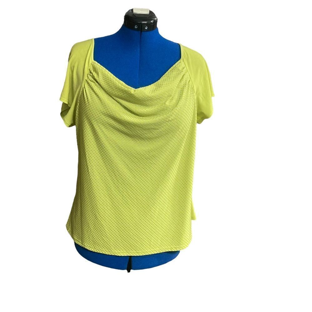VALERIE STEVENS Women’s Green Studded Top Size Large Short Sleeves Cowl Neck‎